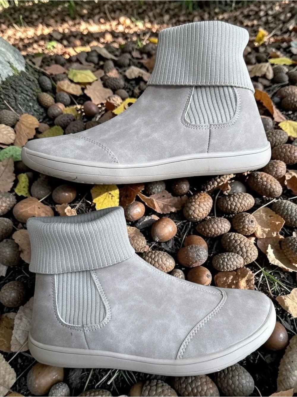 WHITIN Minimalist Beige Slip-On Ankle Boots with Wide Toe Box and Ribbed Cuff